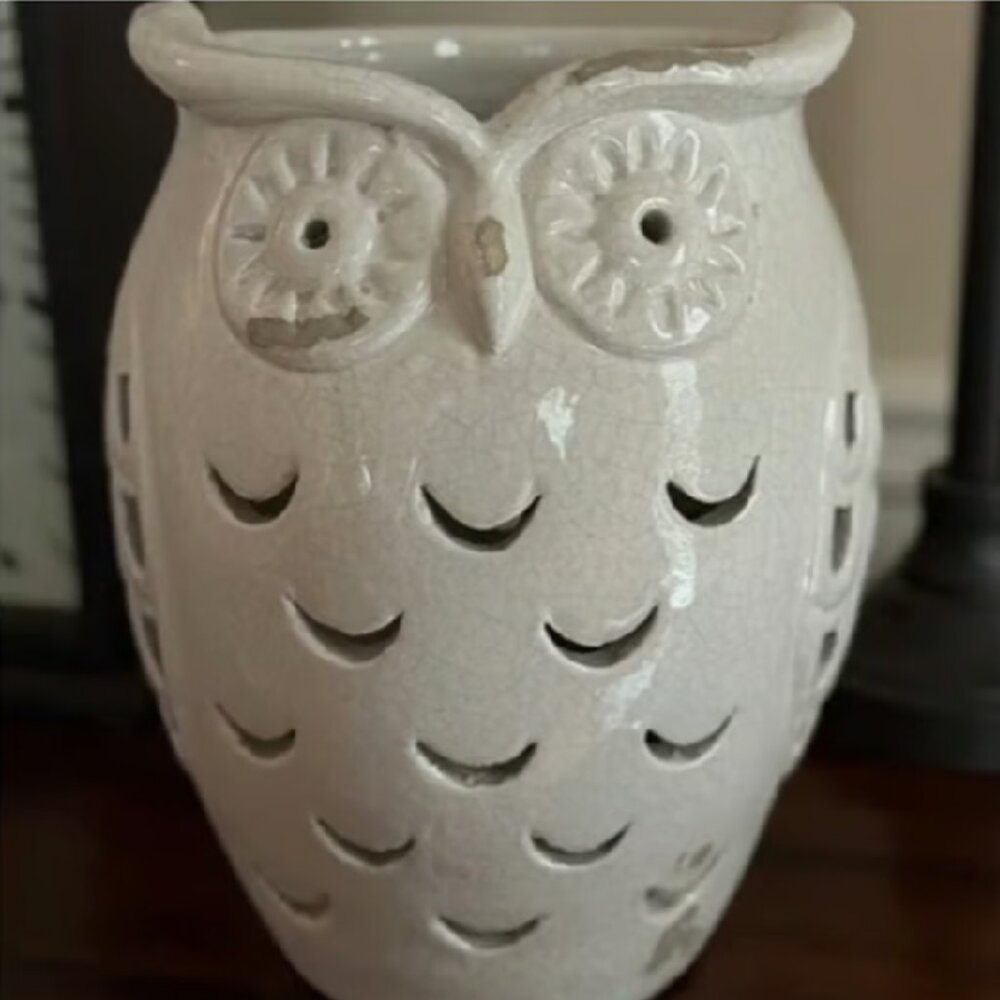 Pottery Barn 11.5" OWL Punched Ceramic Halloween Luminary Pillar Candle Holder - Picture 7 of 7